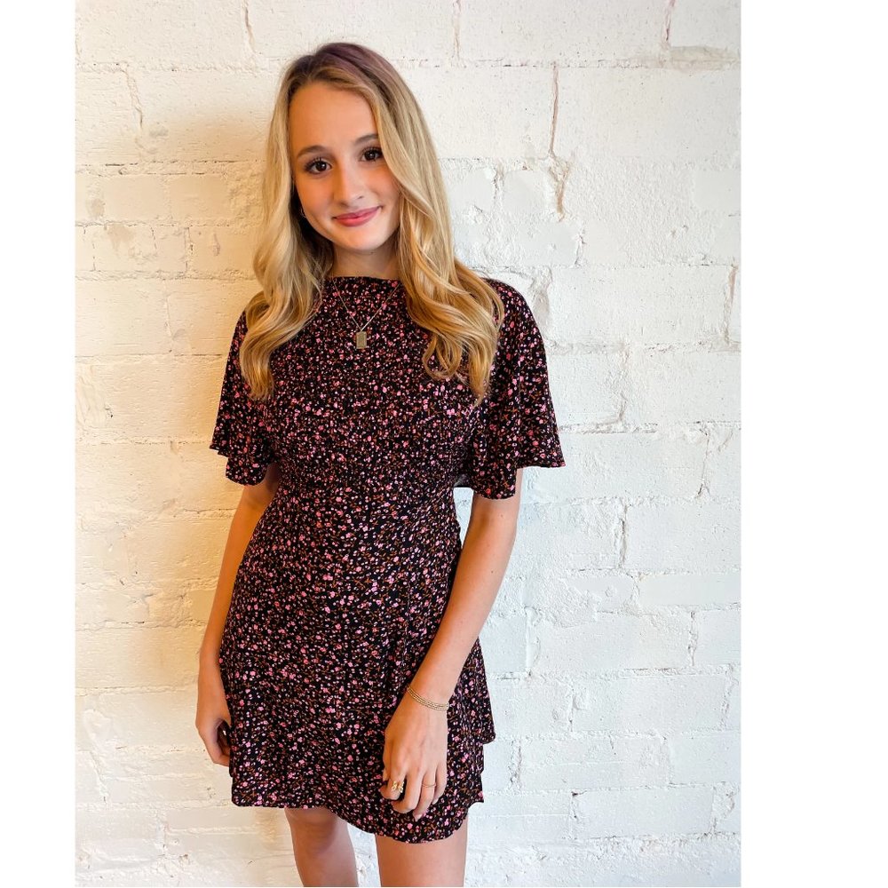 NEW Free People Florence Mini Dress Floral Lace Up Smocked Evening Combo Black - Picture 11 of 12